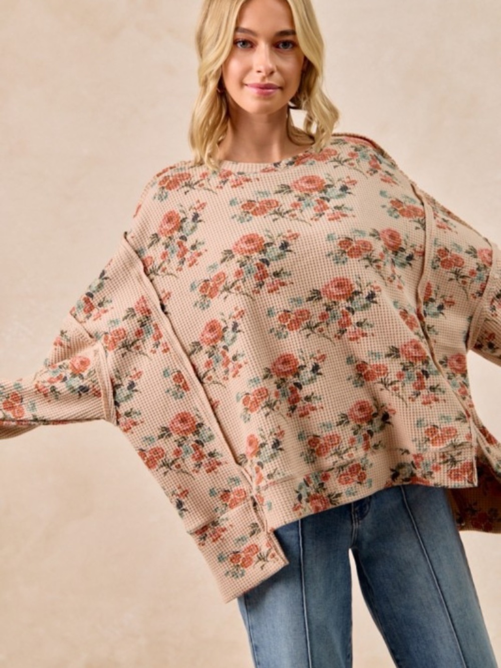 BIBI NWT Floral Waffle Knit Pullover Top Boho Cottagecore IT3426G - Picture 4 of 8